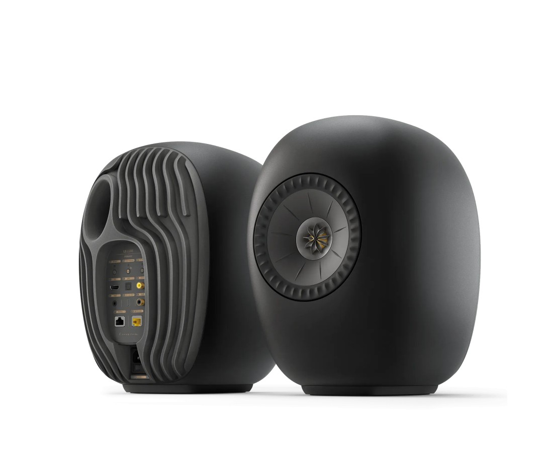 KEF LS Luxe — diffusori wireless hi-fi, design Ross Lovegrove, finitura Eclipse Black, driver Uni-Q 12a generazione con MAT