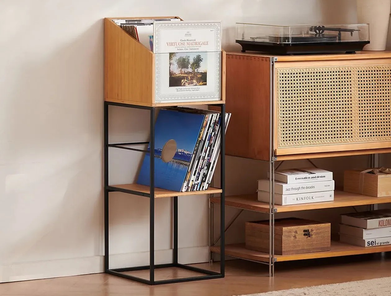 Norstone Vinyl LP Stand – Stand porta vinili verticale in metallo e bambù