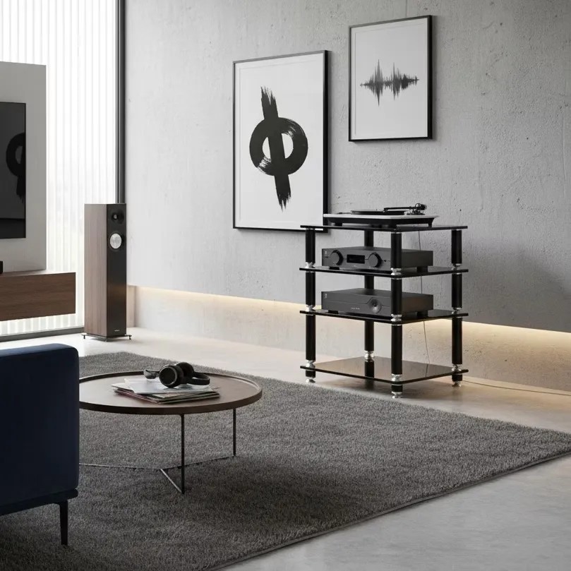 Norstone Stabbl HiFi – dettaglio ripiani in vetro temperato nero da 15mm di spessore