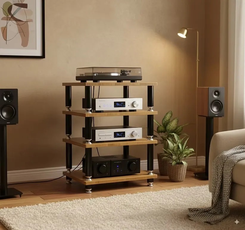 Norstone Stabbl Bamboo – rack Hi-Fi con ripiani in legno bamboo massiccio 25mm