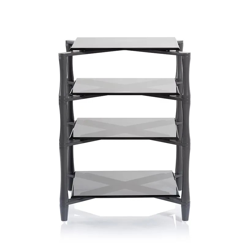 Norstone Slender – vista laterale con ripiani in vetro fumé grigio e altezze tra i livelli