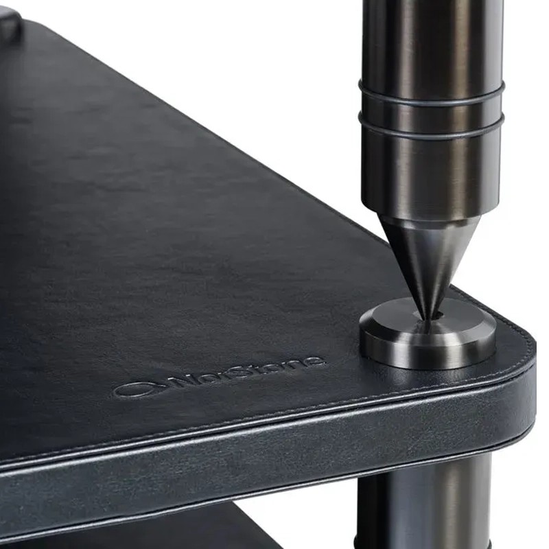 Norstone Como rack Hi-Fi componibile – vista d'insieme con moduli Come Base, Como 1, Como 2, Como 3 in acciaio e pelle