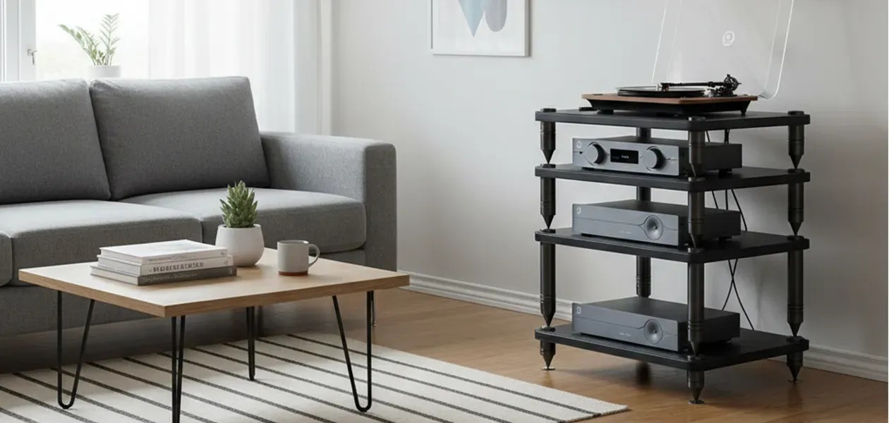 Norstone Como rack Hi-Fi componibile – configurazione a torre con 4 moduli in acciaio inox e pelle nera