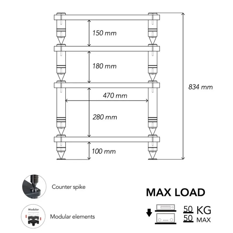 Norstone Como – moduli rack Hi-Fi componibile sovrapposti, vista laterale con giunti ammortizzanti