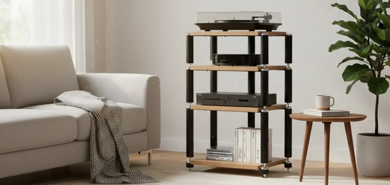 Norstone Copenhagen – rack Hi-Fi modulare in rovere naturale e metallo nero, vista frontale