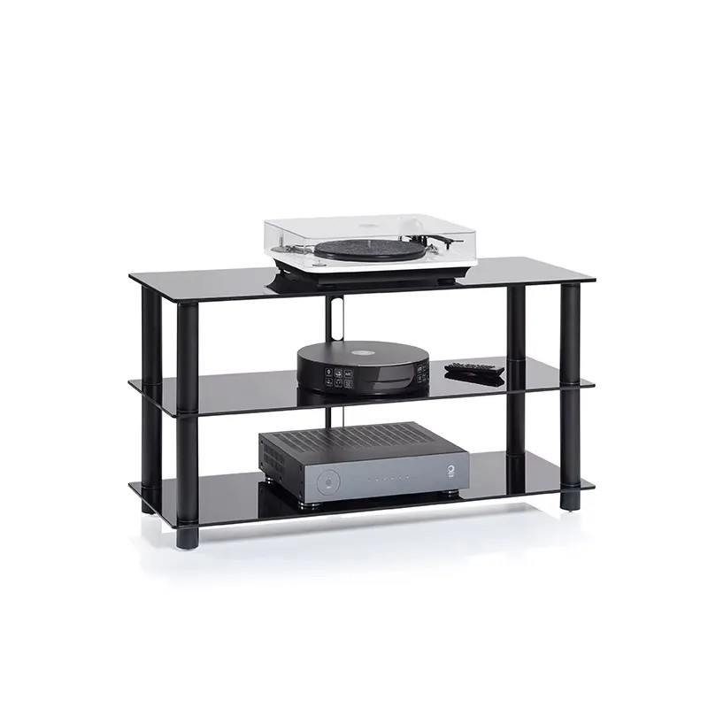 Norstone Epur 3 – mobile TV vetro temperato struttura acciaio con televisore appoggiato sul piano superiore