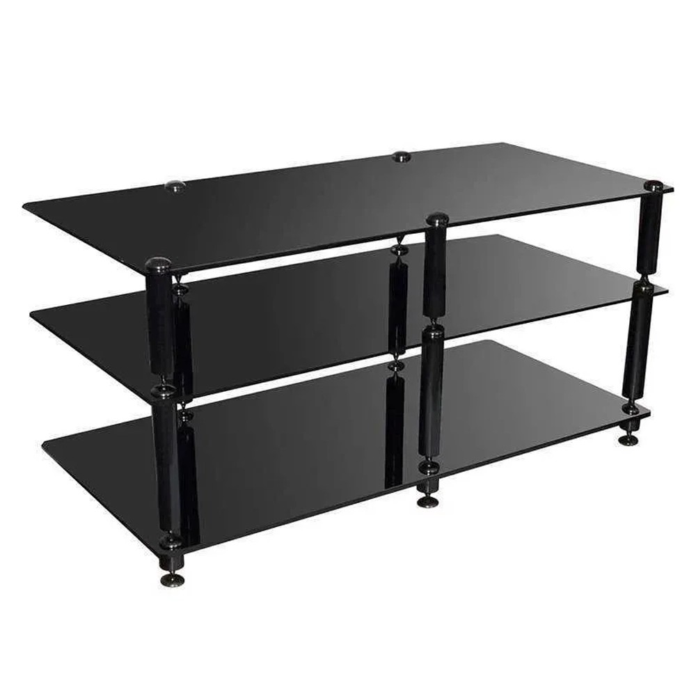 Norstone Bergen AV 2 – mobile TV e AudioVideo 3 ripiani vetro temperato struttura acciaio nera, vista frontale