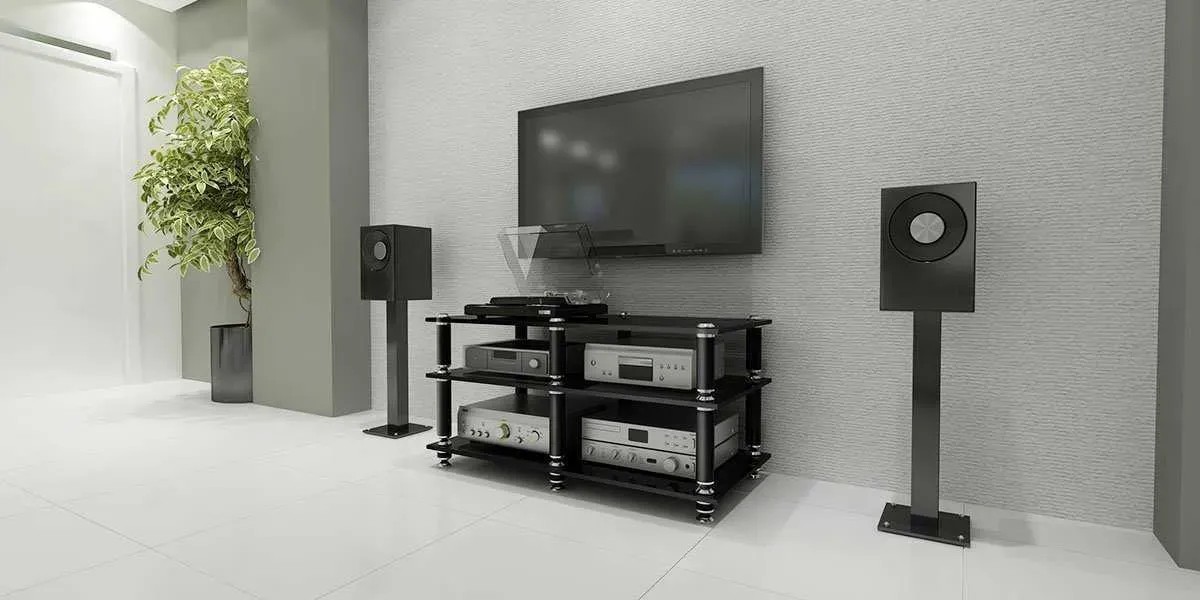 Norstone Stabbl AV – mobile TV di riferimento vetro 15mm con sistema Home Cinema completo, vista frontale