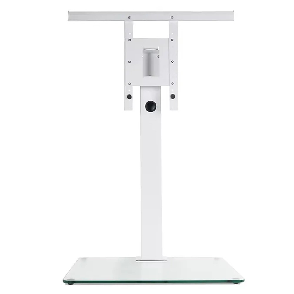 Norstone Suspens Plus – piedistallo TV da pavimento in metallo bianco con televisore agganciato e ripiano vetro alla base, in salotto moderno