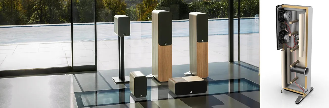 Q Acoustics 5040 – cabinet P2P con stabilizzatore laterale e punte, finitura Holme Oak