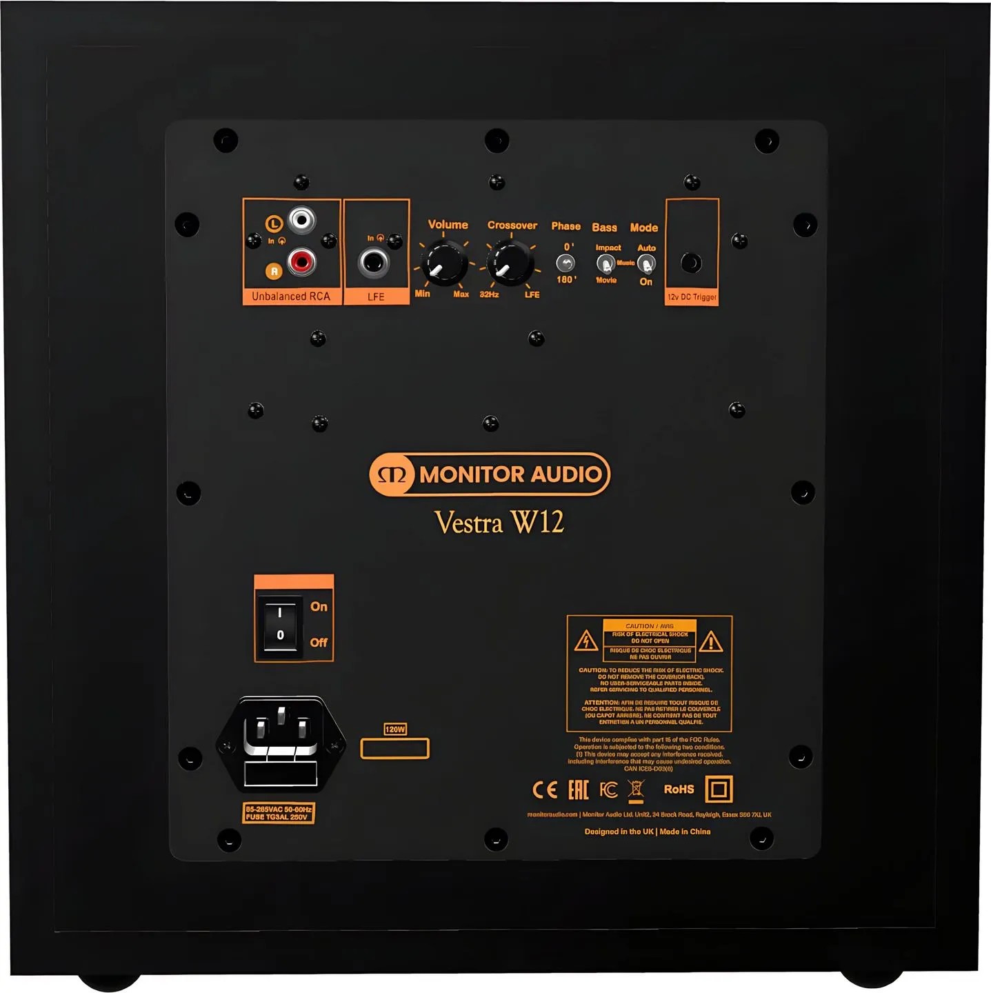Monitor Audio Vestra – pannello posteriore con ingressi RCA, LFE, preset DSP e trigger 12V