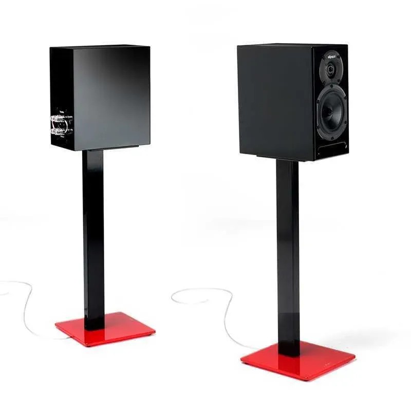 Norstone Esse Stand – base in vetro rosso, vista dal basso con piastra superiore