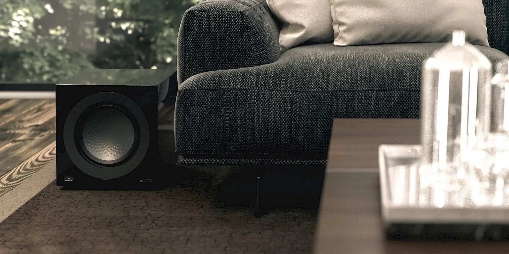 Monitor Audio Anthra W12 subwoofer attivo in finitura nero lucido – vista frontale