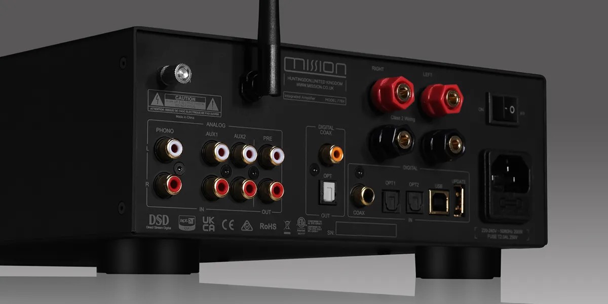 Mission 778X – amplificatore integrato half-width in finitura nera, vista frontale con indicatori LED e manopole