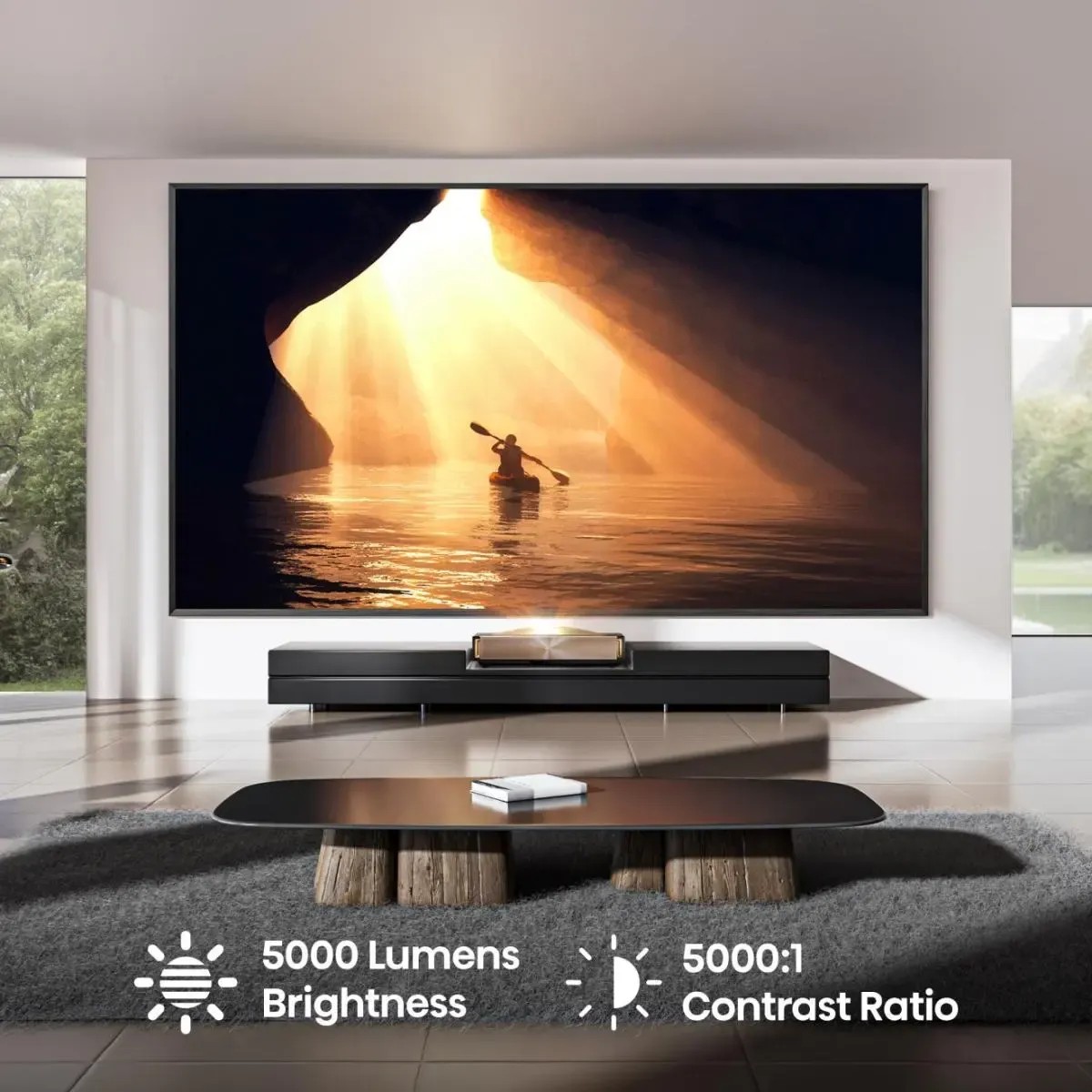 Hisense L9Q – proiezione a 120 pollici in ambiente living, throw ratio 0,18:1