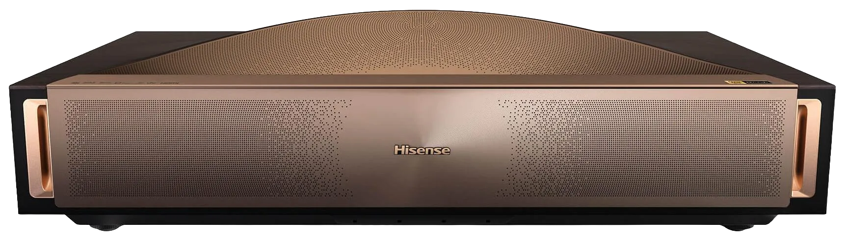 Hisense L9Q Laser TV – vista frontale con design bronzo e rialzo up-firing Devialet