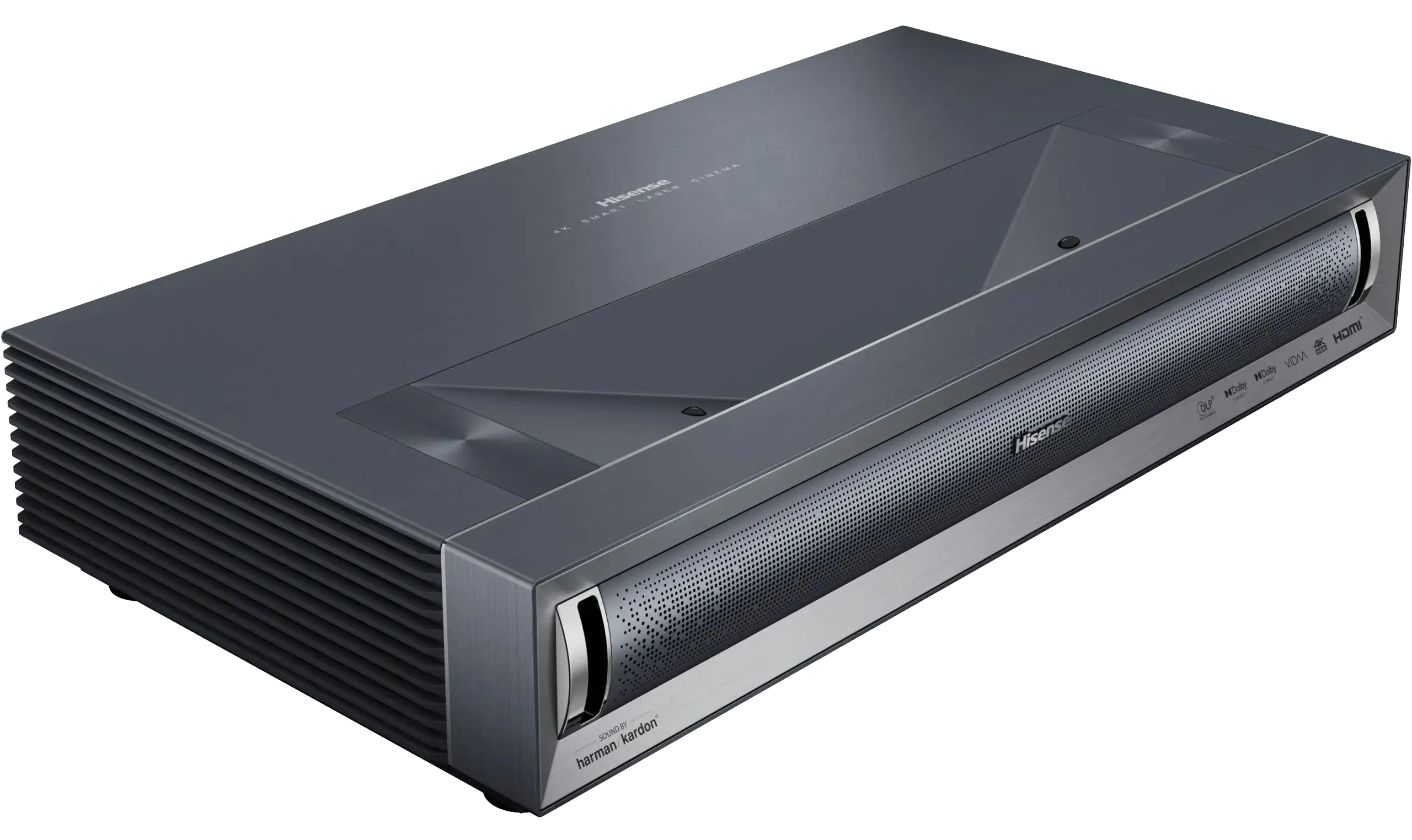 Hisense PX3-PRO Laser Cinema – vista frontale con griglia Harman Kardon, finitura grigio metallico