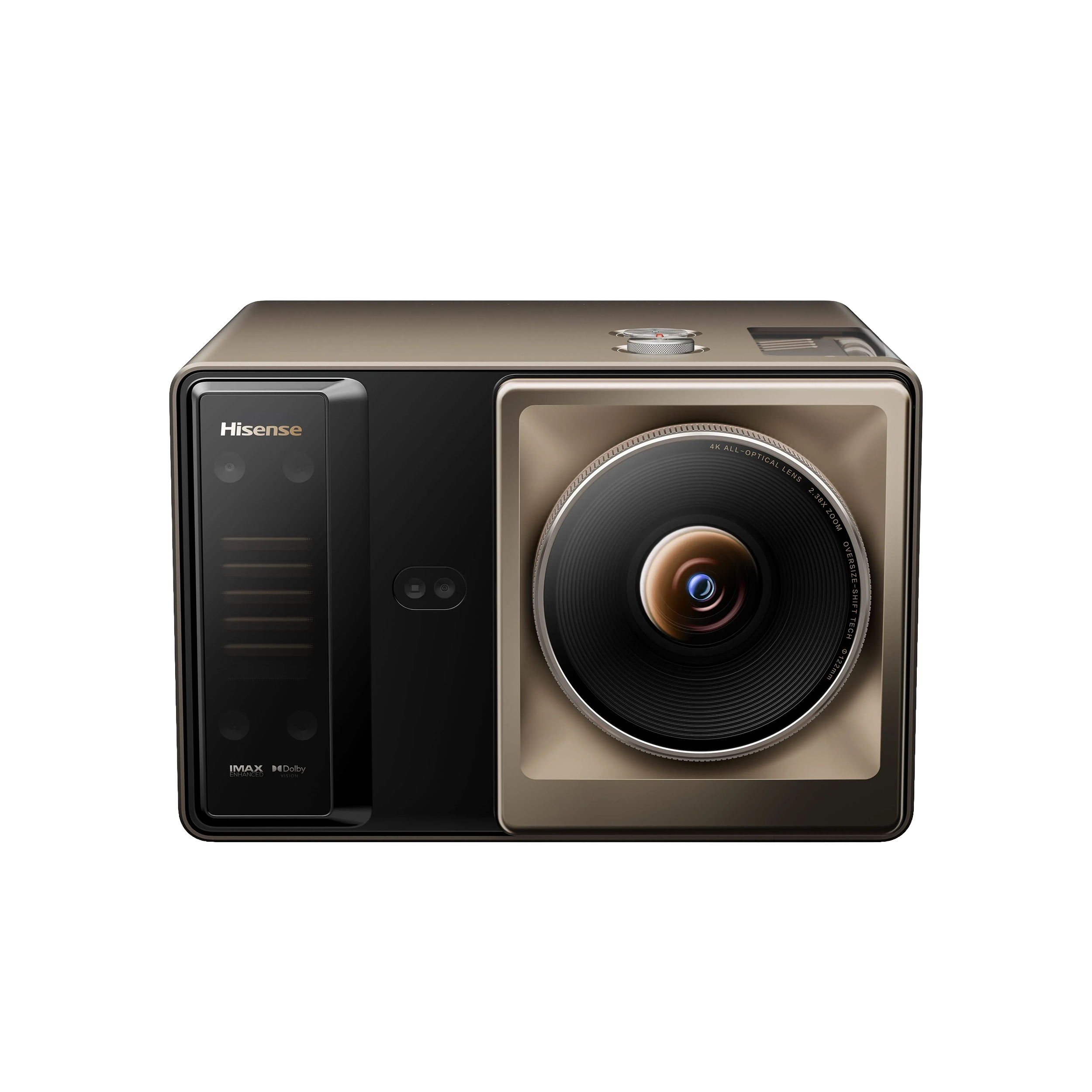 Hisense XR10 – vista frontale, finitura nero opaco con lente in vetro e bordi oro