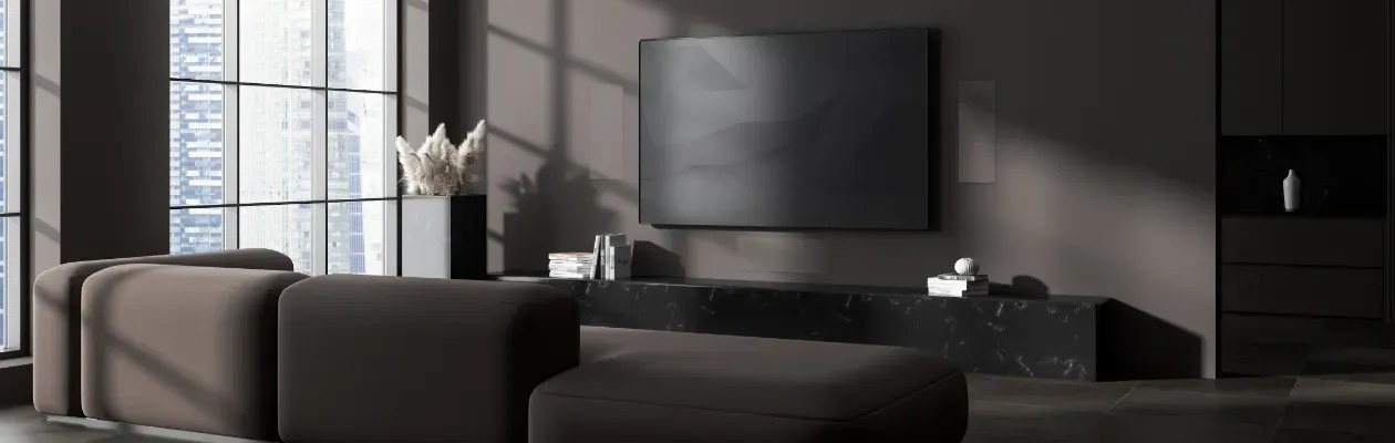 Monitor Audio W1M-E – installazione in cartongesso, foro 527×198 mm, orientamento orizzontale sotto schermo TV