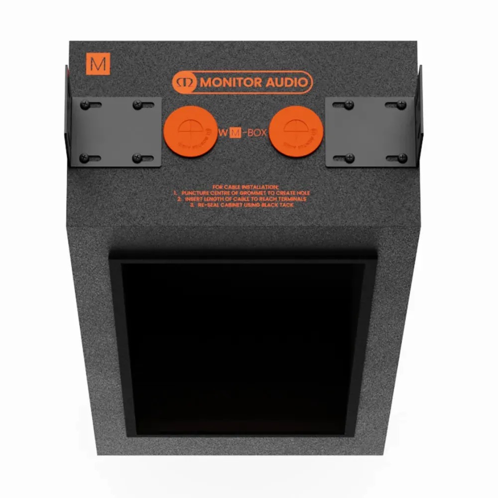 Monitor Audio WM BOX – vista posteriore con apertura rettangolare 527×198mm e bordi MDF, dettaglio costruttivo