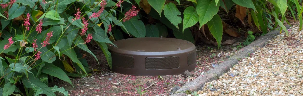 Monitor Audio CLG-W10 – subwoofer per giardino parzialmente interrato in aiuola, finitura marrone scuro, porta di uscita visibile