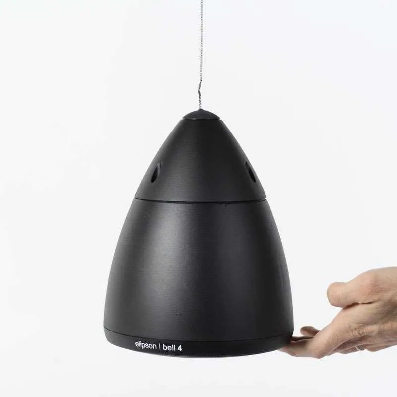 Elipson Bell 4 – diffusore sospeso bianco con griglia metallica, Ø190mm, cavo 1.80m e moschettone per installazione a soffitto