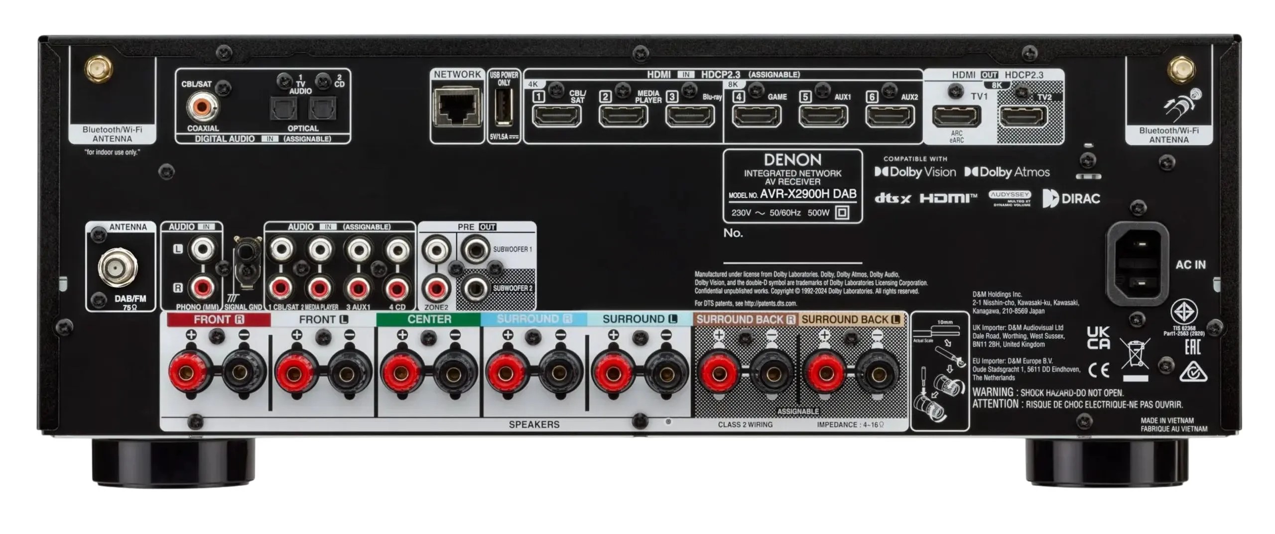 Denon AVR-X2900HDAB – sintoamplificatore AV 7.2 canali, pannello frontale con display, 6 HDMI, HEOS, Dolby Atmos DTS:X
