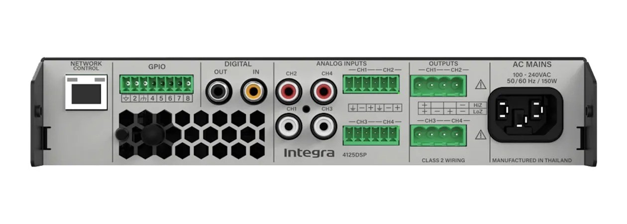 Integra 4125DSP – amplificatore professionale 4 canali 125W, 1RU half-rack, pannello posteriore bianco con testo nero, terminali Phoenix e ingressi RCA
