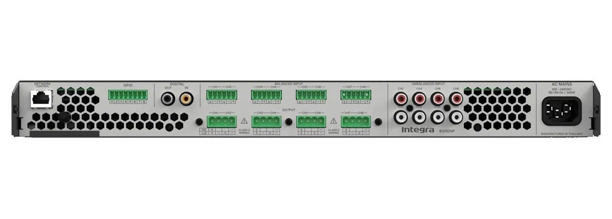Integra 8125DSP – amplificatore professionale 8 canali 125W, 1RU full-rack, pannello posteriore bianco testo nero, terminali Phoenix 8 canali