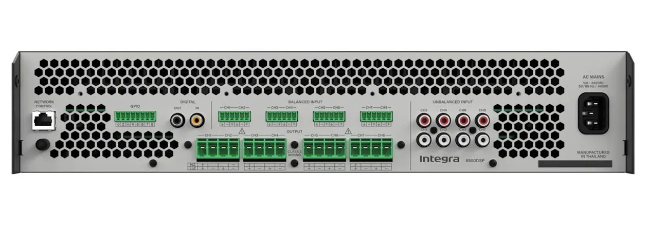 Integra 8500DSP – amplificatore professionale 8 canali 500W, 2RU full-rack, raffreddamento attivo frontale, pannello posteriore bianco