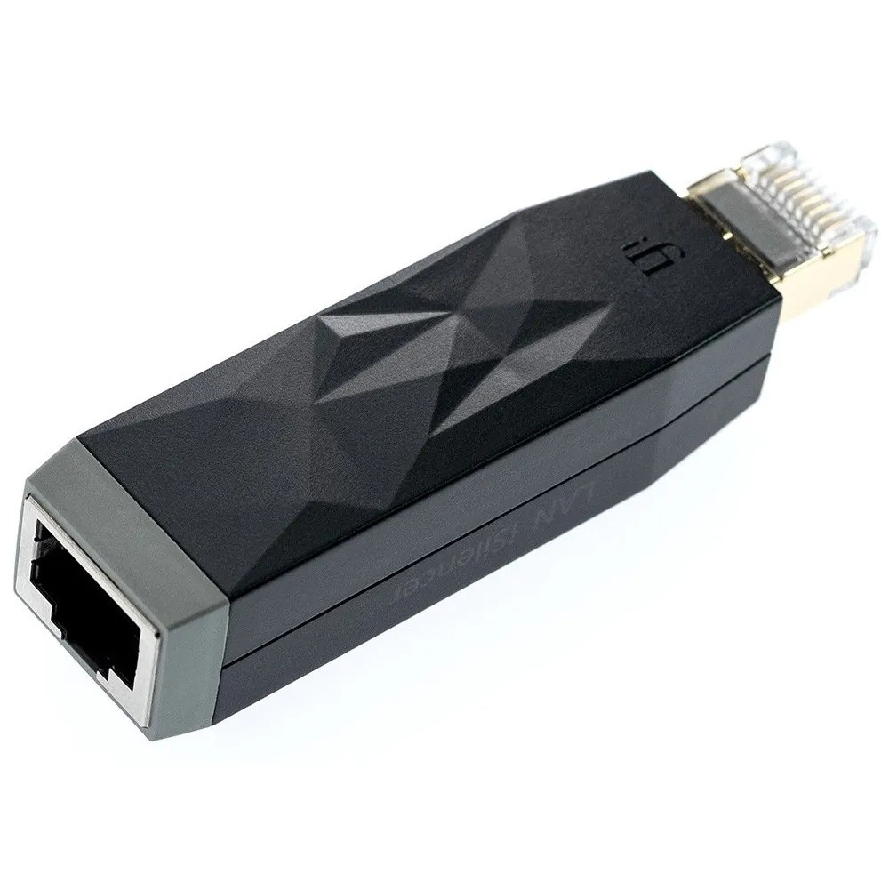 iFi LAN iSilencer – installato direttamente su presa a muro Ethernet Cat6, dimensioni 73.5×19×16mm, peso 17g