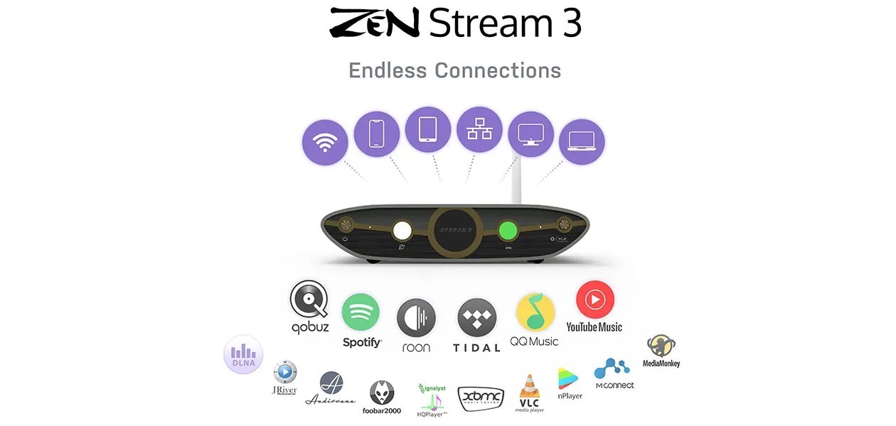iFi ZEN Stream 3 – streaming transport hi-res, chassis grigio bronzo 158×100mm, uscite USB ANC e S/PDIF coassiale, app Nexis, K2 Technology