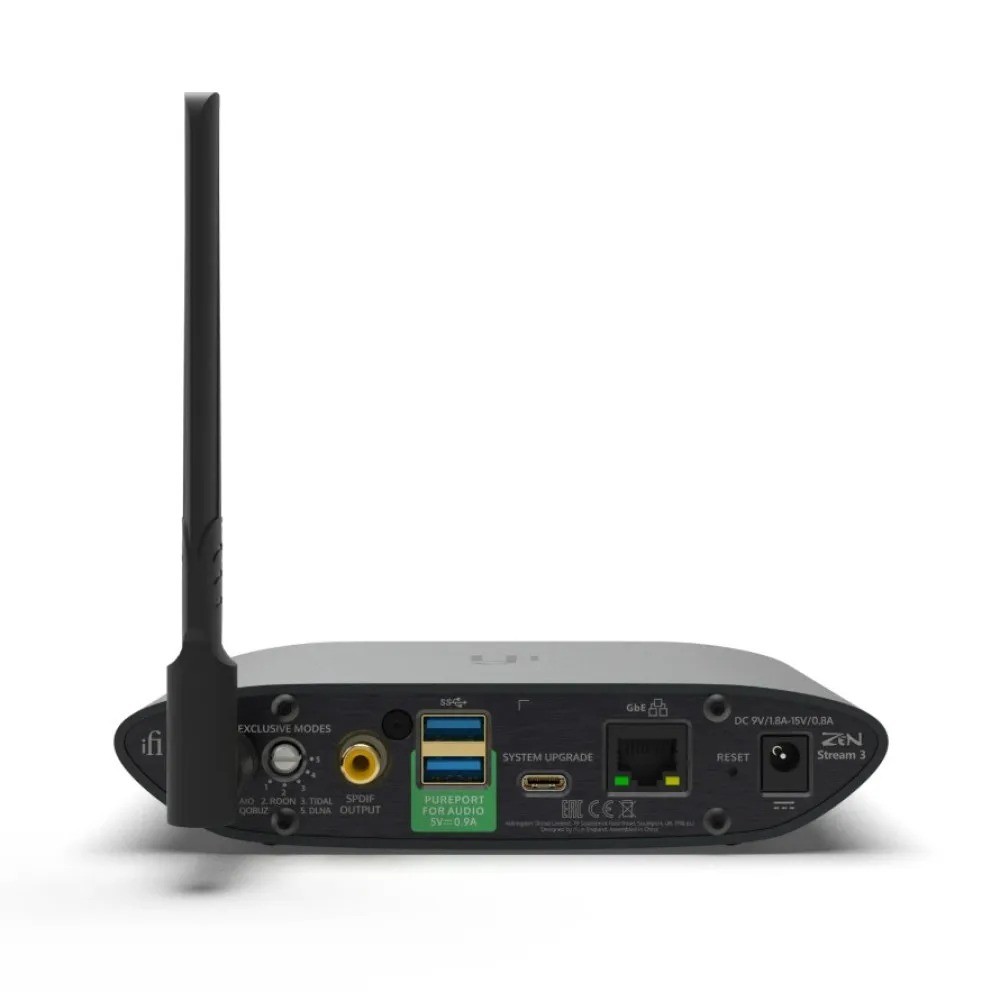 iFi ZEN Stream 3 – pannello posteriore: USB 3.0 Type-A ×2, S/PDIF coassiale, Ethernet, USB per storage, alimentazione DC 5V
