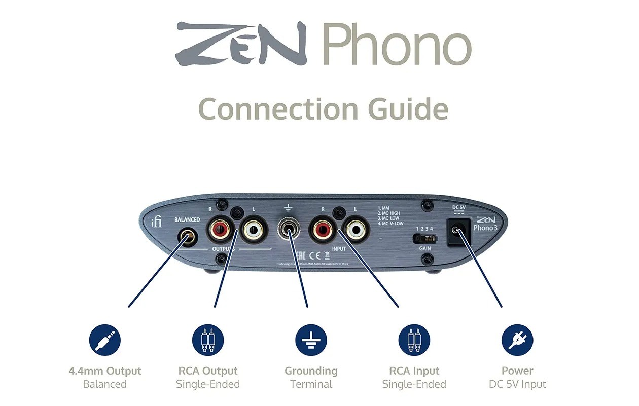 iFi ZEN Phono 3 – preamplificatore phono MM/MC, chassis grigio bronzo 158×115mm, pulsanti guadagno impedenza subsonic, uscita 4.4mm bilanciato RCA