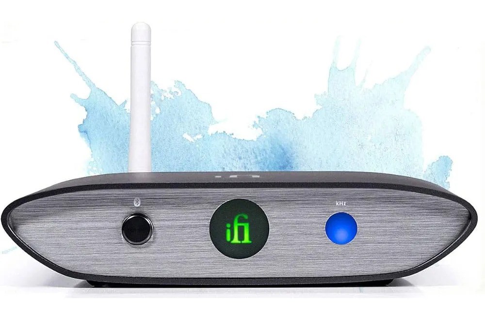 iFi ZEN Blue V2 – pannello posteriore: 4.4mm bilanciato, RCA output, optical output, coaxial output, alimentazione DC 5V, antenna esterna