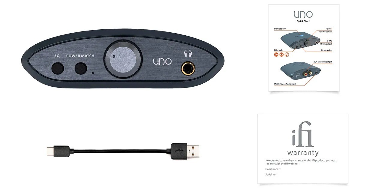 iFi UNO – DAC desktop compatto 88mm chassis polymer verde grigio, manopola volume analogica, 3 pulsanti EQ frontali, 3.5mm S-Balanced e RCA line out, USB-C
