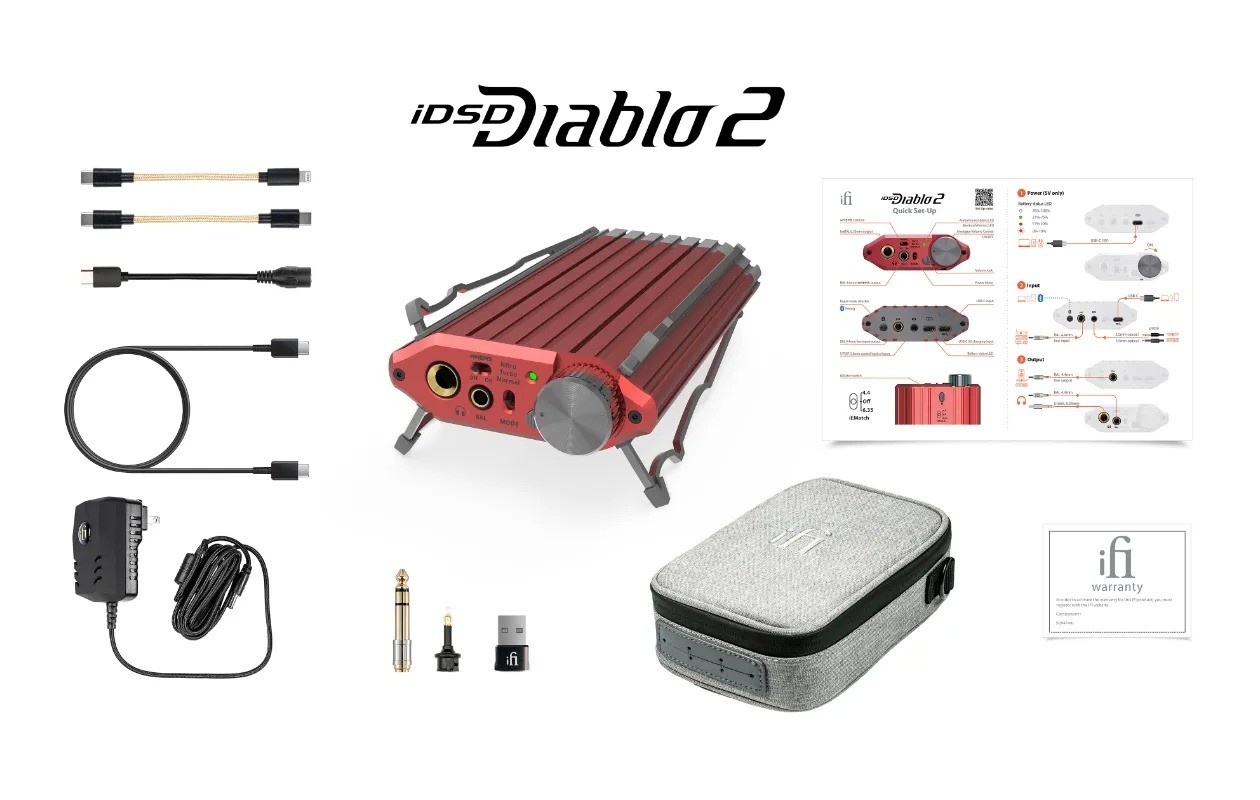 iFi iDSD Diablo 2 – DAC portatile flagship Devilish Red 166×85mm, 5180mW, BT 5.4 aptX Lossless, toggle xMEMS, 3 power mode Normal Turbo Nitro, 4 wings