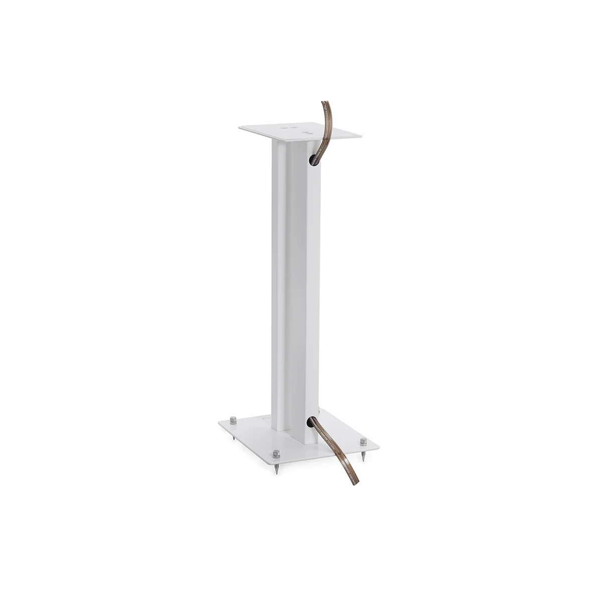 Triangle S02 – dettaglio cable routing tubo posteriore: cavo speaker entra alla base, colonna interna, uscita pulita verso pavimento invisibile