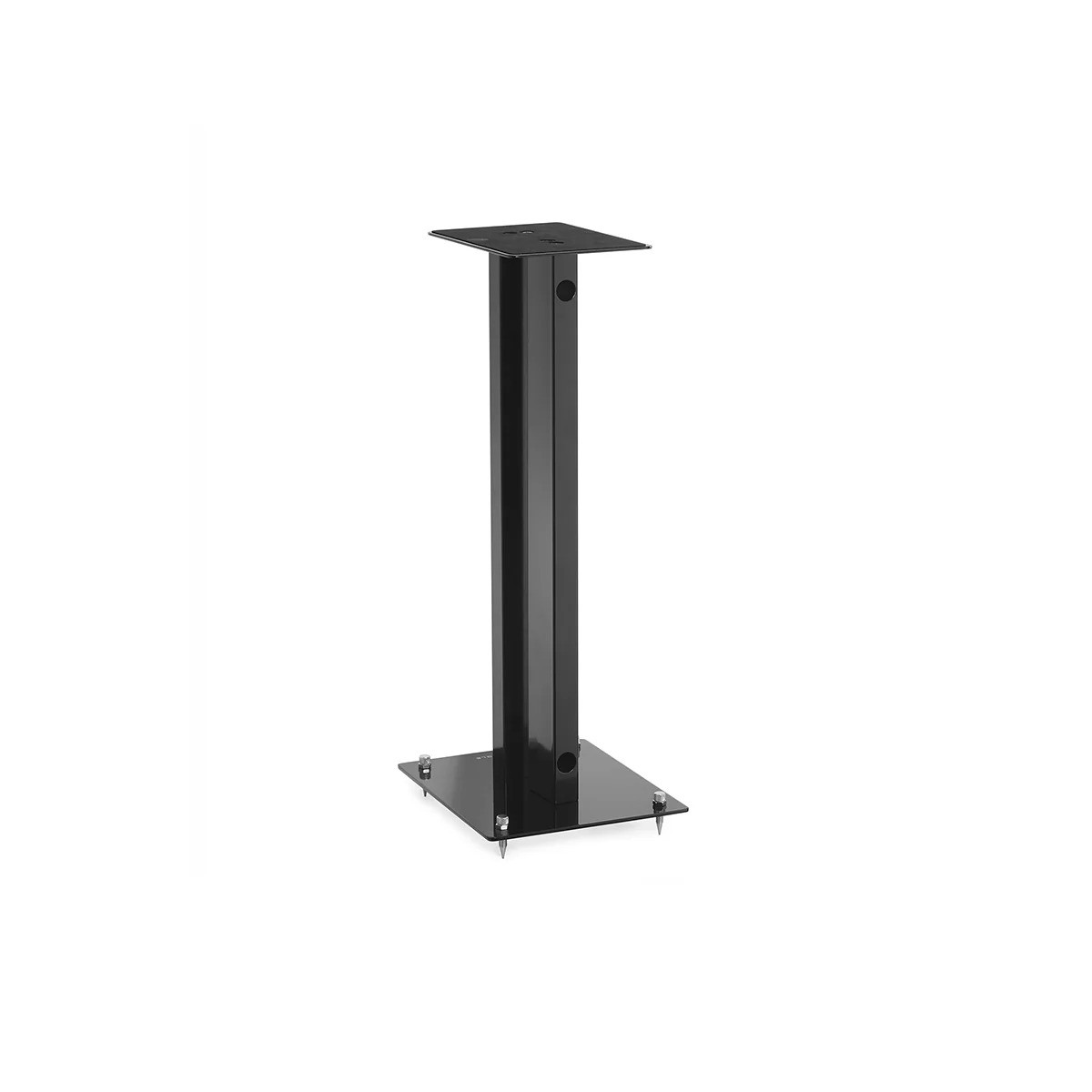 Triangle S02 – vista posteriore base 230×270mm in acciaio con spike regolabili M8, finitura White, ambiente living contemporaneo