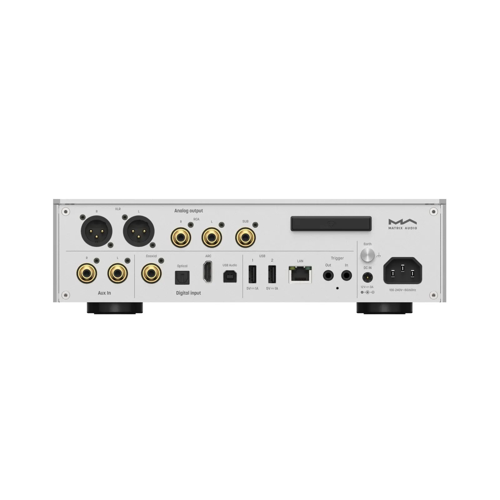 Matrix Audio TS-1 – pannello posteriore: XLR balanced, RCA, sub out, ottico coassiale USB HDMI ARC, RCA analog in, Gigabit LAN, DC 12V in, M.2 slot
