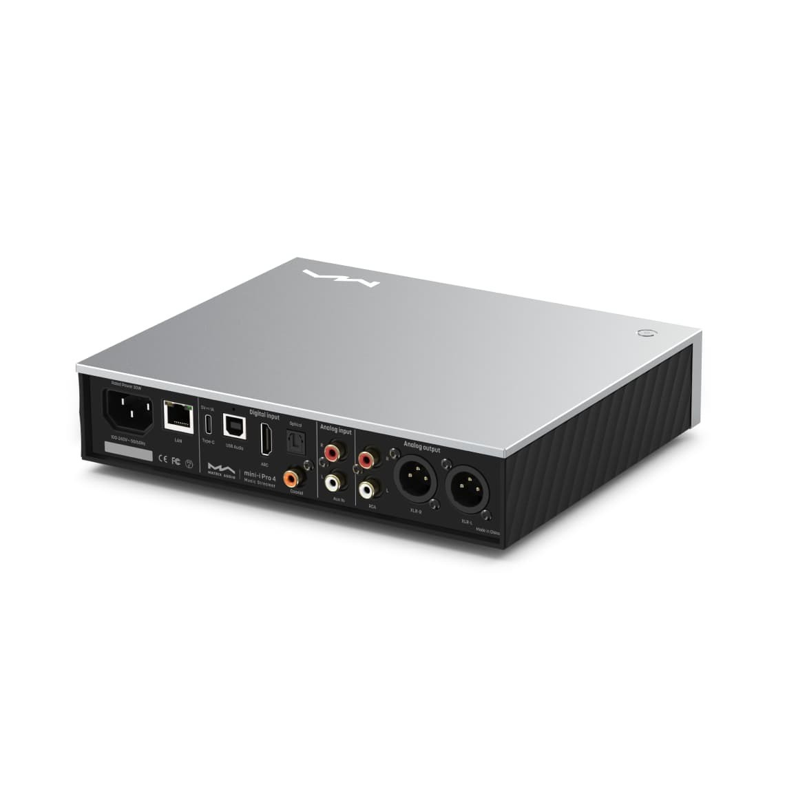 Matrix Audio Mini-i Pro 4 – pannello posteriore: XLR bilanciato, RCA, ottico coassiale, USB Type-C, HDMI ARC, RCA analog in, Gigabit LAN, alimentazione