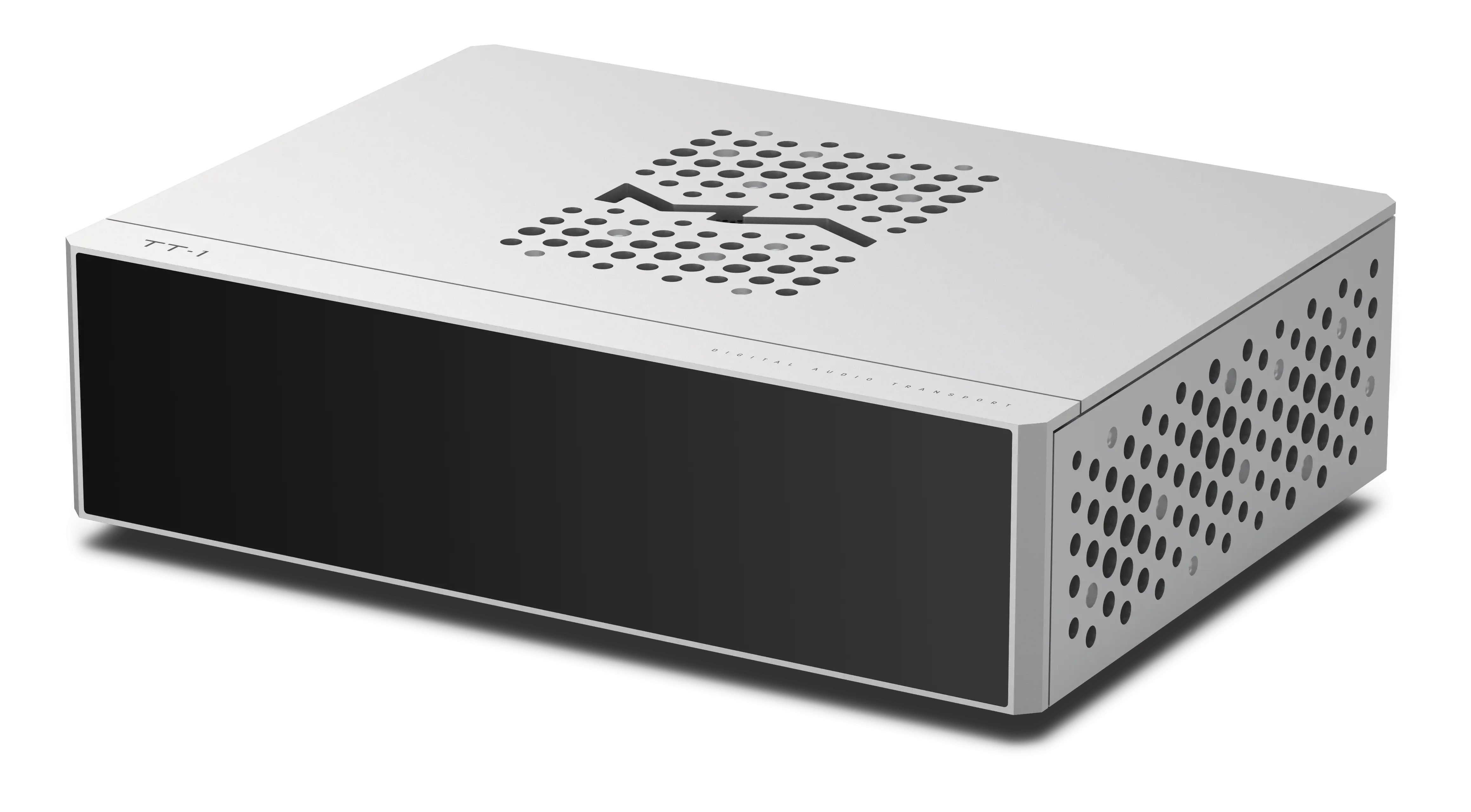 Matrix Audio TT-1 – chassis alluminio compatto 280×210mm, display touch, transport puro senza DAC, dual femtosecondo, SFP fibra, porta NVMe SSD sul fondo