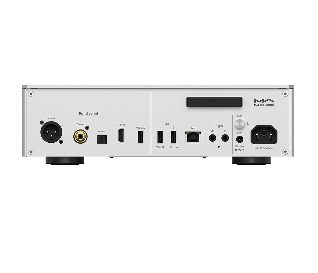 Matrix Audio TT-1 – chassis alluminio compatto 280×210mm, display touch, transport puro senza DAC, dual femtosecondo, SFP fibra, porta NVMe SSD sul fondo