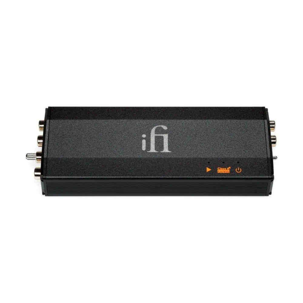 iFi micro iPhono3 Black Label – switch EQ laterale RIAA/Columbia/Decca, ingresso MM RCA, ingresso MC RCA, massa GND, uscita RCA, connettore alimentazione