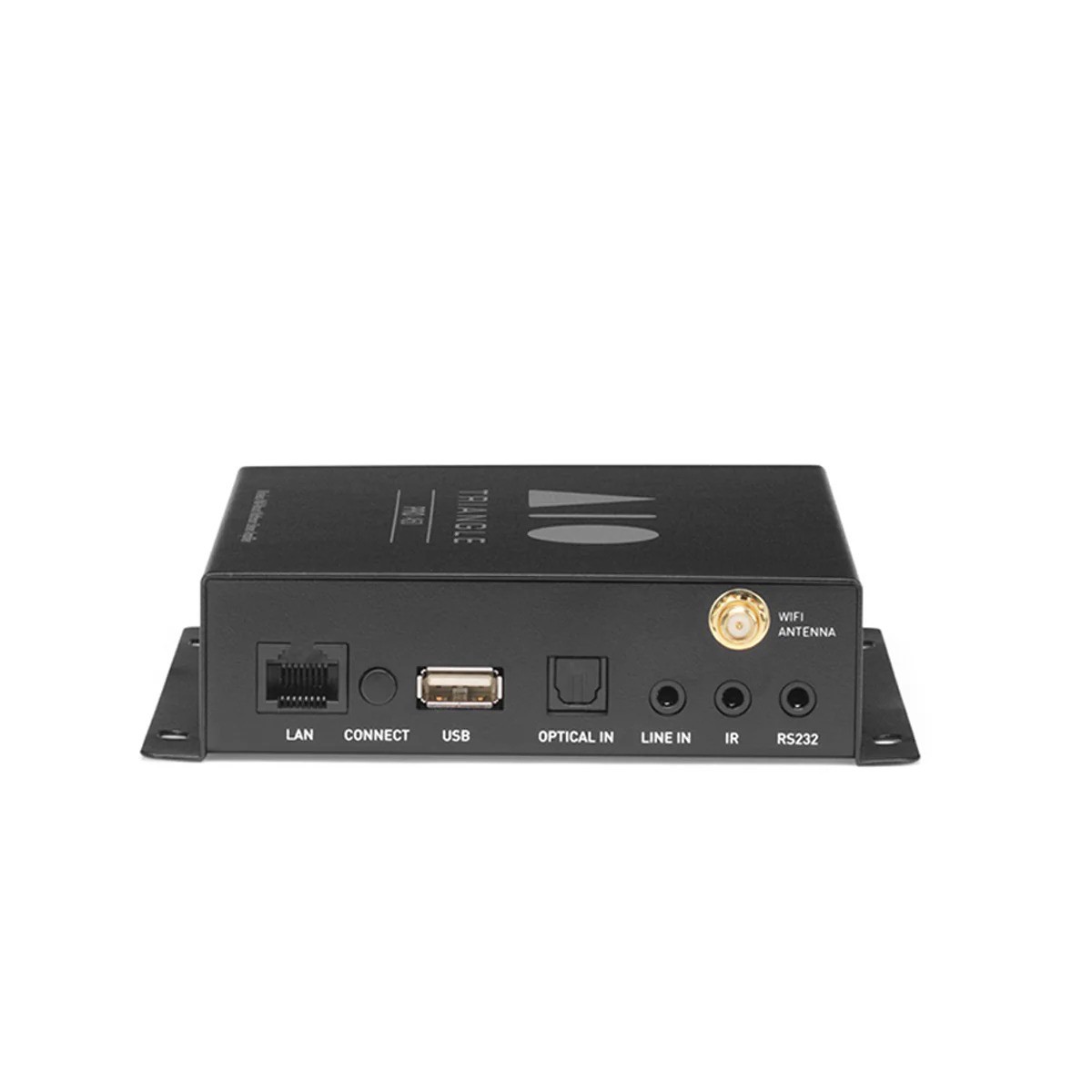 Triangle AIO Pro A50 – pannello frontale: connettori ottico, coassiale, mini-jack 3.5mm, USB-A, Ethernet RJ45, screw limitatore volume, antenne Wi-Fi e Bluetooth