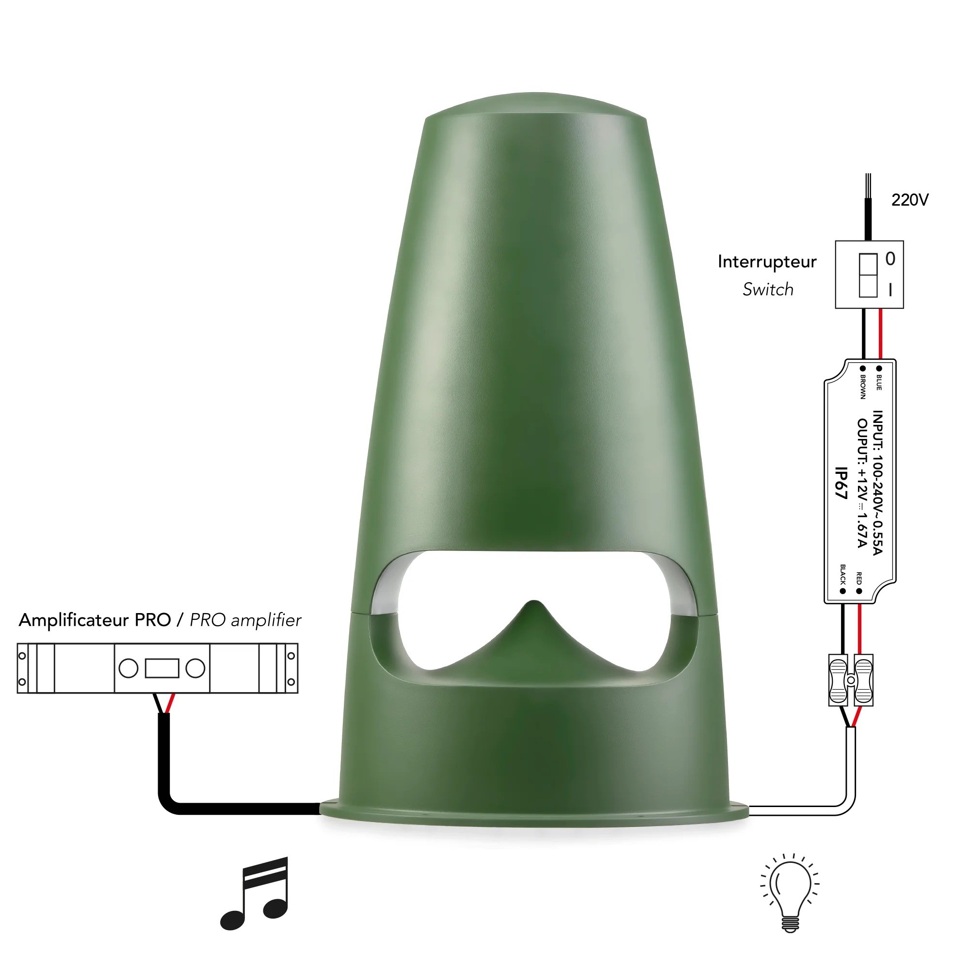 Triangle Garden 7 – sezione LED base: 105 lumens, alimentazione 12V trasformatore dedicato incluso, illuminazione attivabile indipendentemente dalla musica