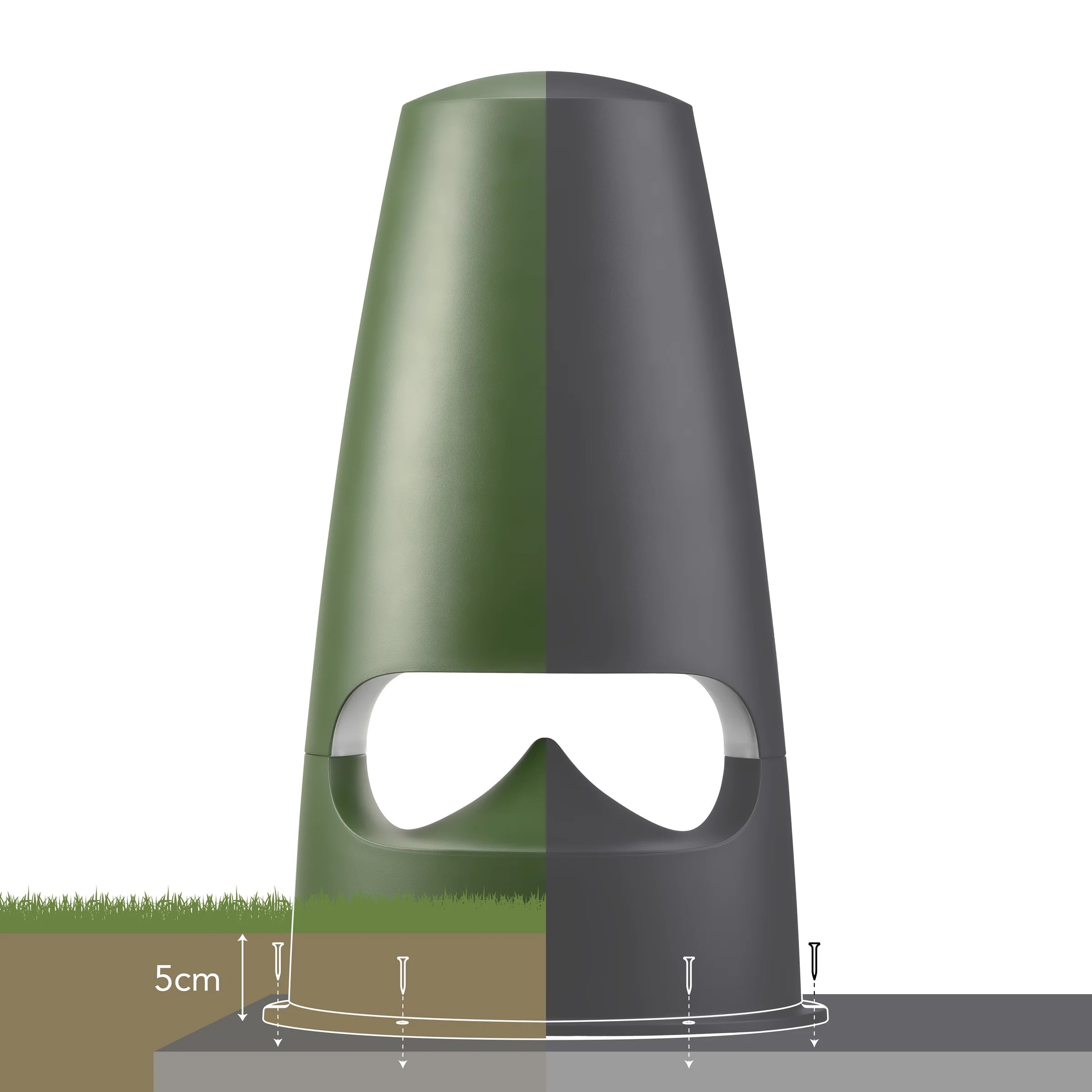 Triangle Garden 7 grigio – installazione su lastra cemento bordo piscina, cavo audio nero e cavo LED bianco, due unità distanziate per copertura uniforme