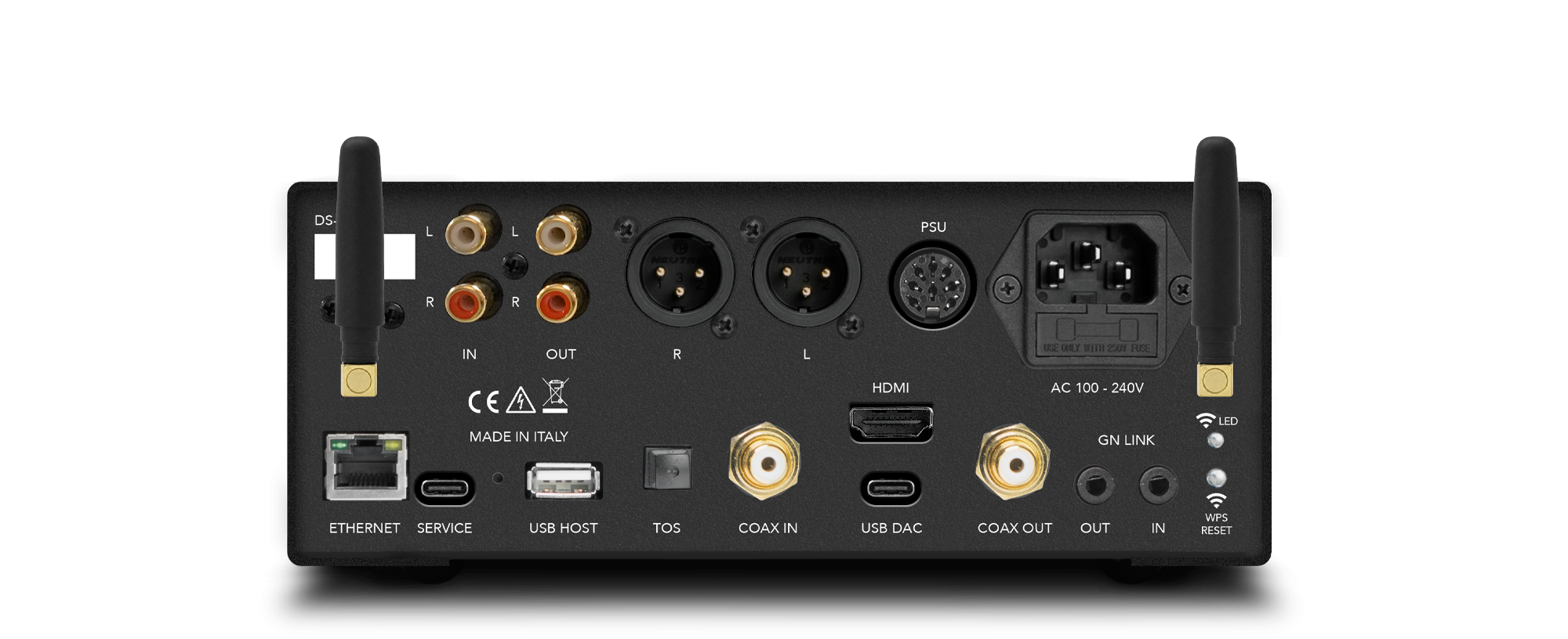Gold Note DS-5.2 – streamer DAC fully balanced Serie 5.2, telaio alluminio anodizzato nero 200mm, display touchscreen 3 pollici a colori, uscite XLR e RCA, Made in Italy Firenze
