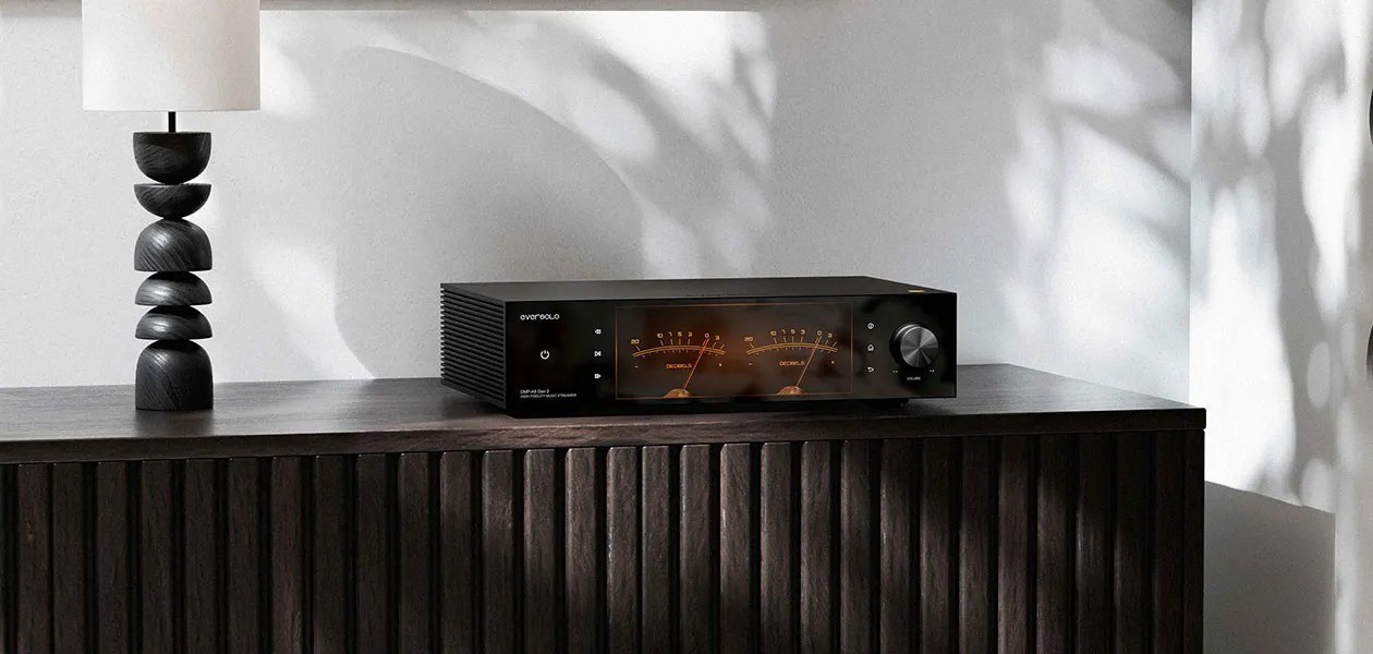 Eversolo DMP-A8 Gen. 2 – streamer DAC high-end, chassis alluminio aerospaziale, display touchscreen 8.6 pollici, pannello frontale con VU meter, porta SFP ottica sul retro