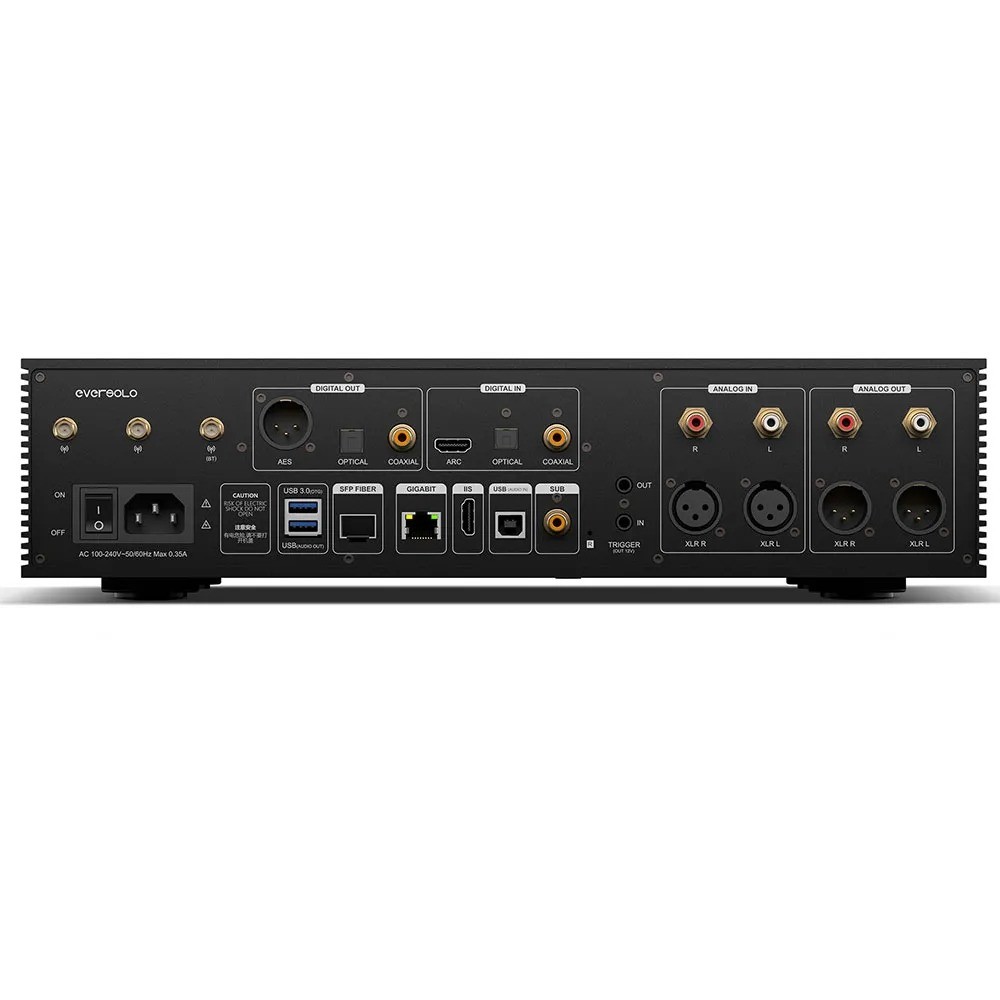 Eversolo DMP-A8 Gen. 2 – pannello posteriore con uscite XLR bilanciato e RCA, AES/EBU, HDMI ARC, USB audio, porta SFP ottica, RJ-45 Gigabit, slot M.2 NVMe sul fondo